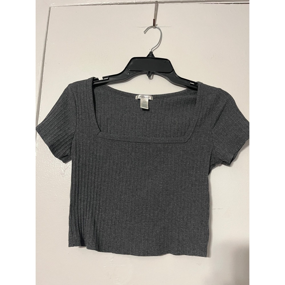 Bozzolo Womens Ribbed Square Neck Crop Top Charcoal Grey Short Sleeve HT28182M L